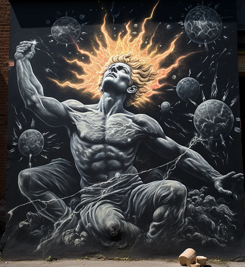 A mural of a person with a fire in his head
Description automatically generated