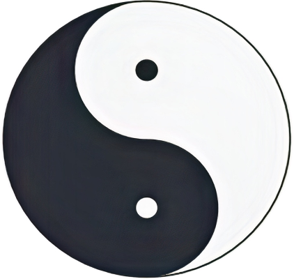 A black and white yin yang symbol
Description automatically generated