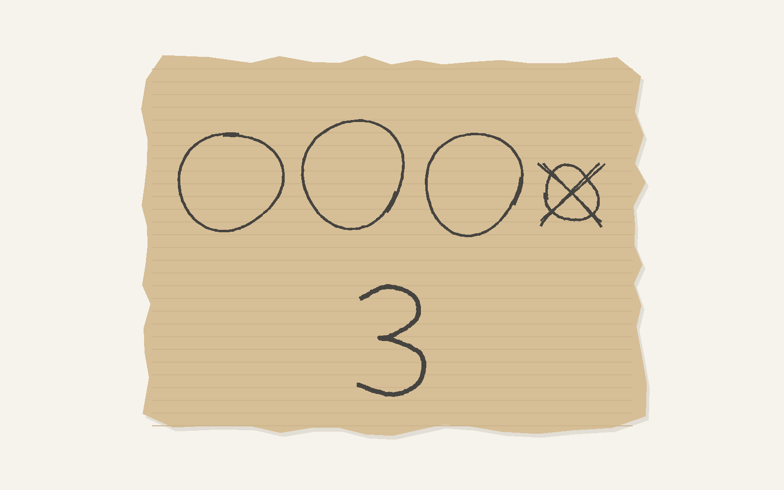 A child’s drawing in pencil on a scrap of cardboard packaging: four circles, the last one smaller and crossed out. Underneath, a large 3.
