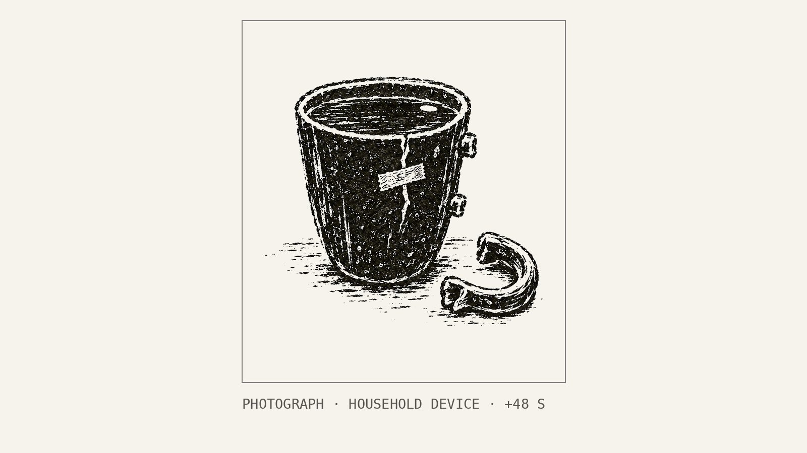 Linocut in a thin frame, as a received photograph: a cracked, taped cup filled to the brim with water, a light reflected near the rim, its broken handle lying beside it. Caption line: photograph, household device, plus 48 seconds.