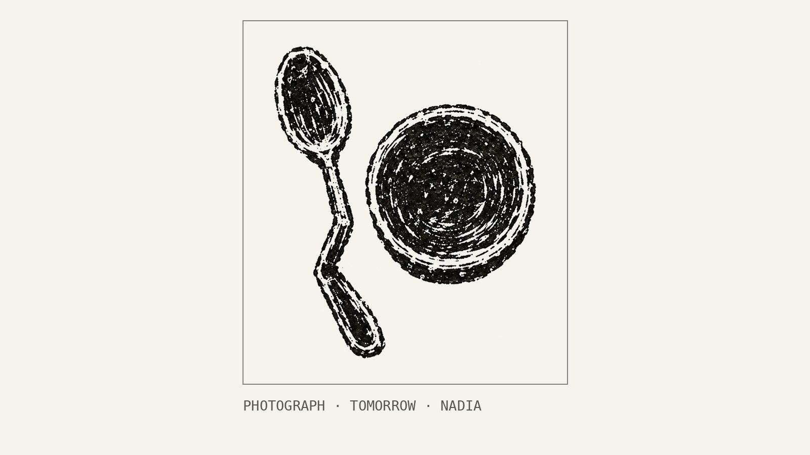 Linocut in a thin frame, as a received photograph: a bent spoon, straightened again but not quite, beside a small bowl.