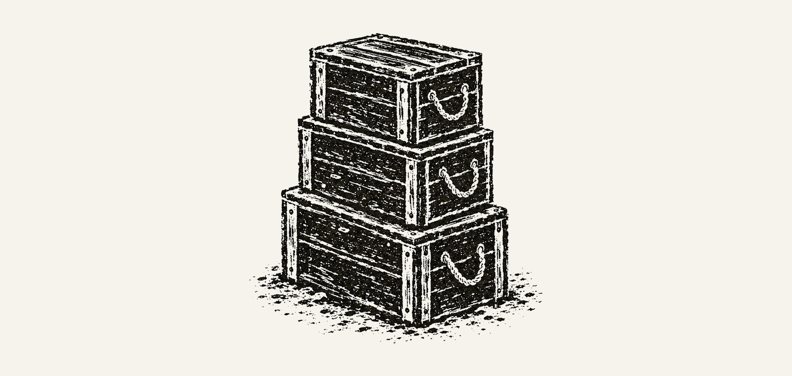 Linocut: three wooden crates stacked on bare ground, lids nailed shut.