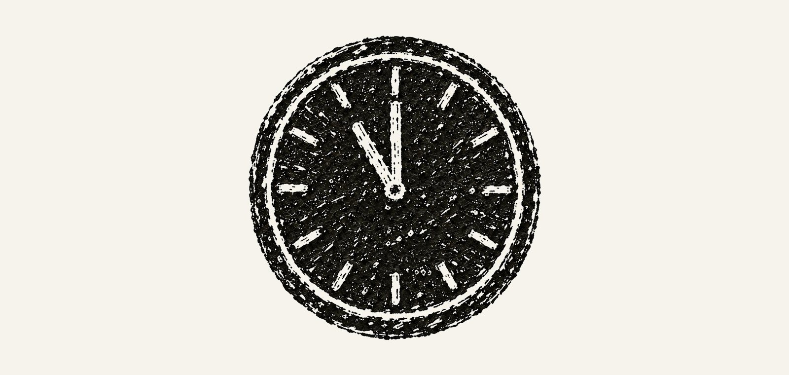 Linocut: a plain office wall clock, its hands at eleven.