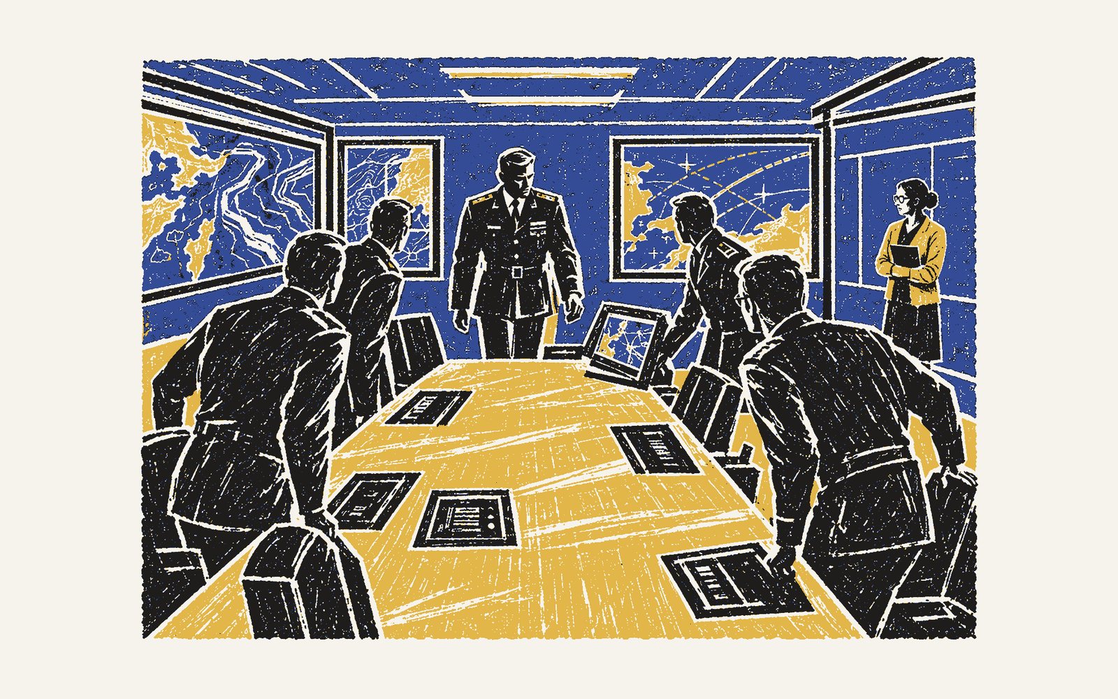 A colour linocut: officers rise from a long review table as a brigadier enters; a major turns his screen; at the back an engineer stands apart, watching.