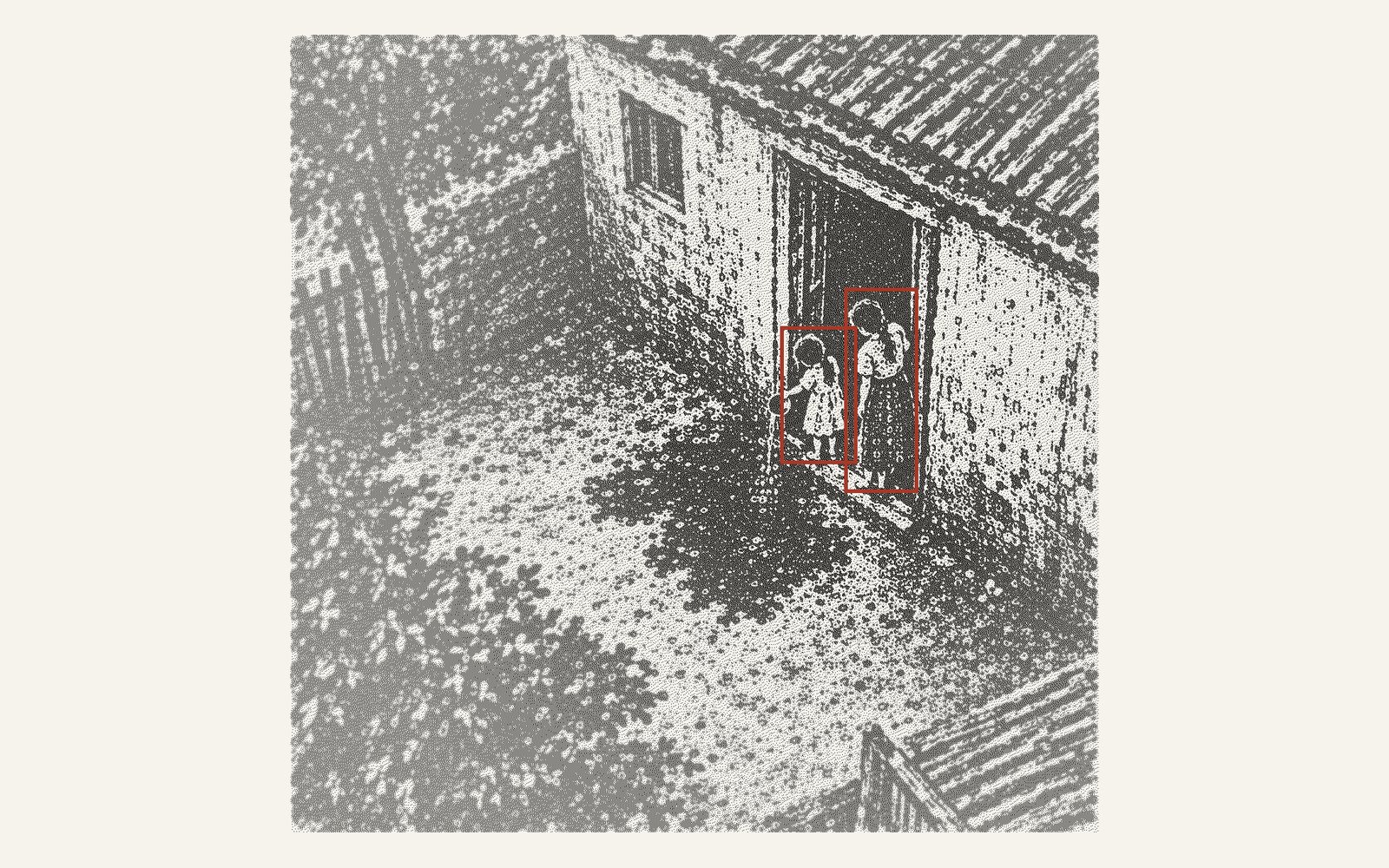 ERICA’s view from above: a small girl at a doorway tipping a bowl, water dark on the ground, a young woman beside her; each inside a thin red box.