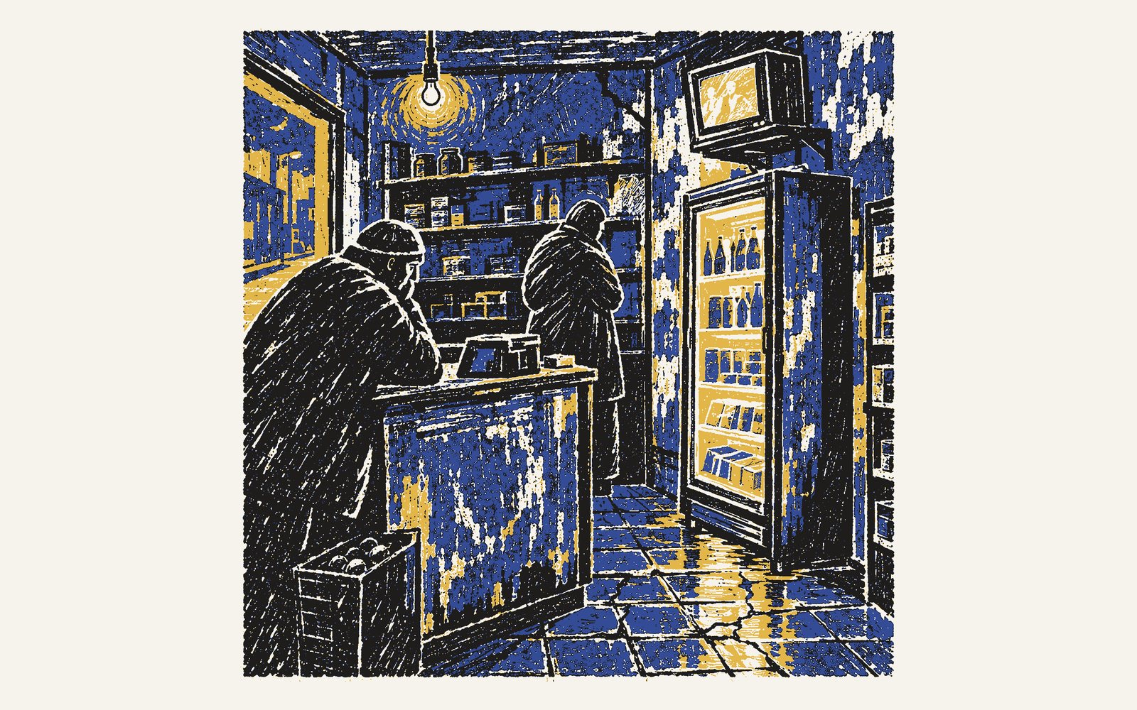 A colour linocut: a tiny worn corner shop at evening, the refrigerator lit yellow, a small old television above it, cracked tiles and a strip of water beneath.