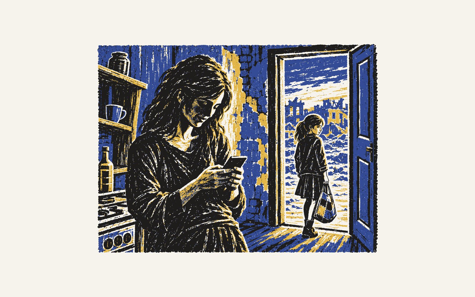 A colour linocut: in a worn, damaged kitchen a young woman stands by a lopsided repaired shelf, smiling down at her phone in the light from the door, while her little sister, a patched cloth bag in her hand, glances back from the doorway at the broken town outside.