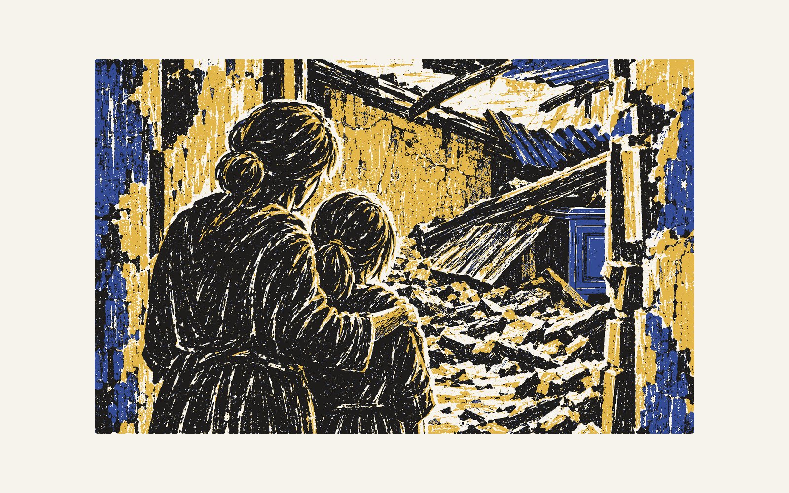 Colour linocut: from behind, Nadia, small, with the woman from the bakery’s arm round her shoulders, looking through the opening that is too wide into the broken house, where something blue lies beneath a piece of roof.