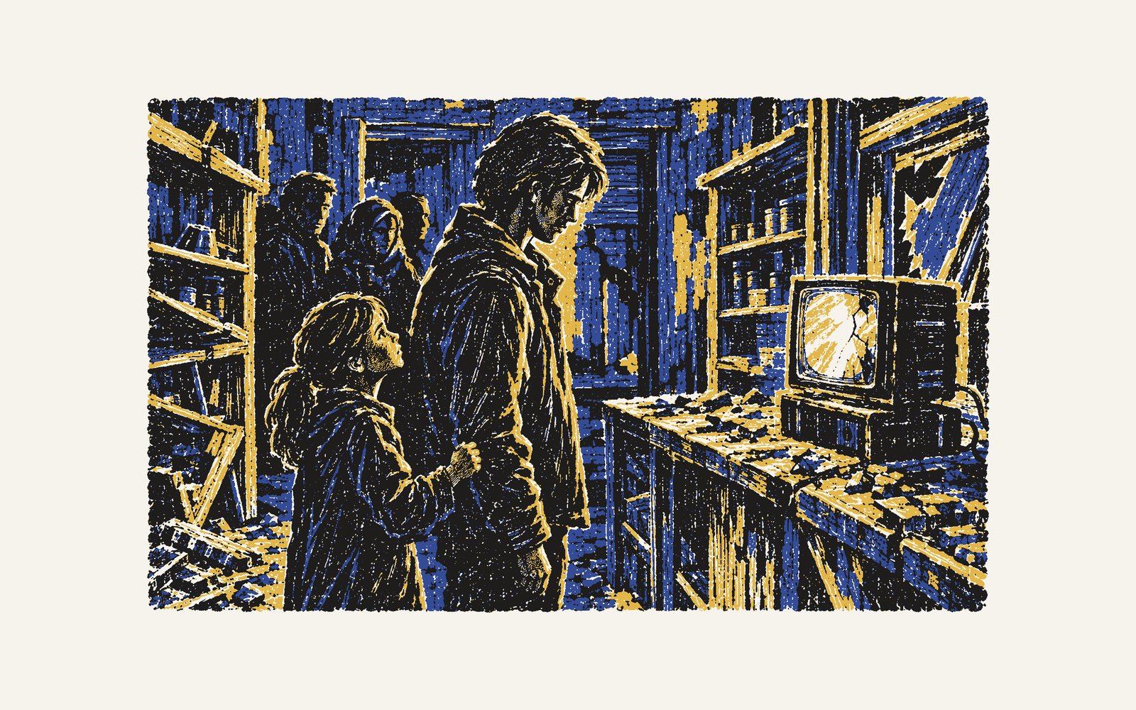 Colour linocut: in the damaged shop the cracked television plays on its battery; Karim stands rigid watching it and Nadia has caught hold of his sleeve.