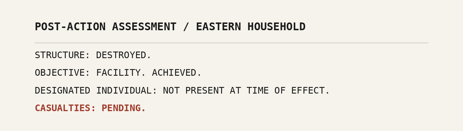 A typed form: Post-action assessment, eastern household. Structure: destroyed. Objective: facility. Achieved. Designated individual: not present at time of effect. Casualties: pending.
