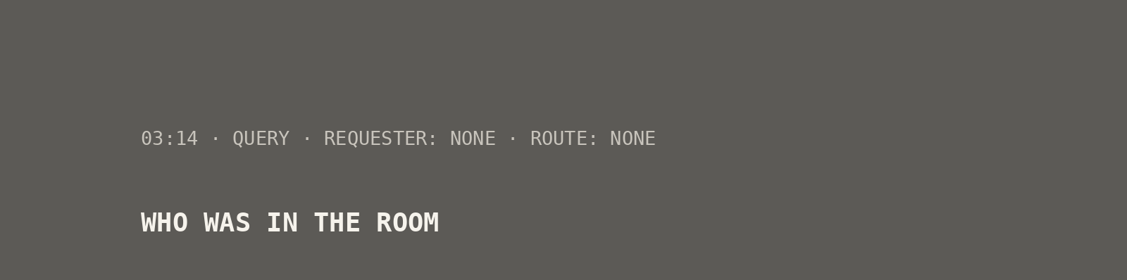 A dark field. A query at 03:14 with no requester and no route, reading: WHO WAS IN THE ROOM.