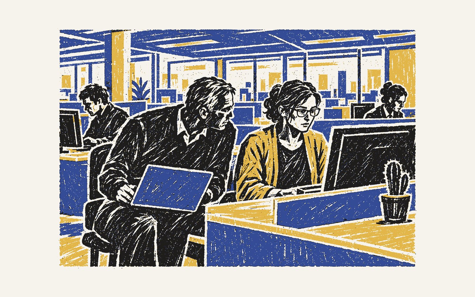 A colour linocut: a tired man sits beside an engineer’s desk with a laptop on his knees; she does not turn; colleagues stare at their screens.