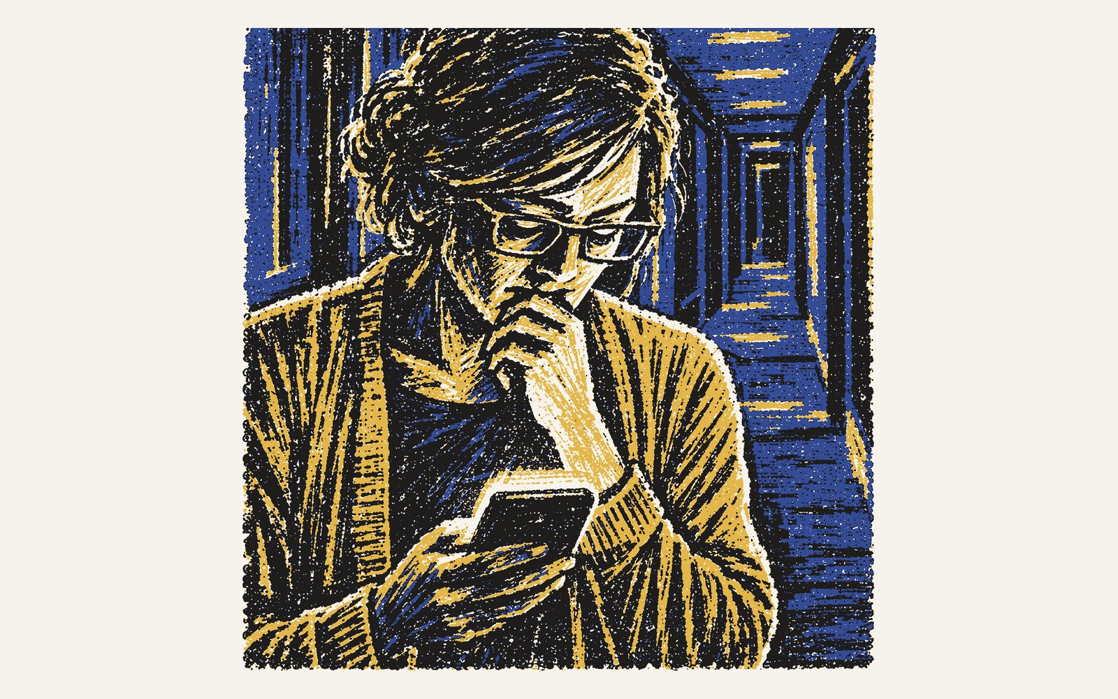 Colour linocut: Yasmin in her glasses and cardigan stands very still in a bare corridor at night, reading her phone, one hand at her mouth.