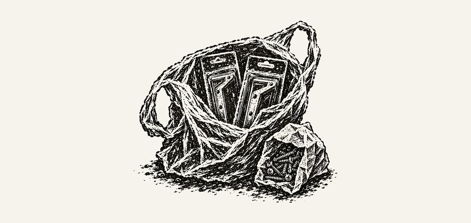 A linocut: a thin plastic bag on the van seat, open on two shelf brackets still in their packaging and a little bag of screws.