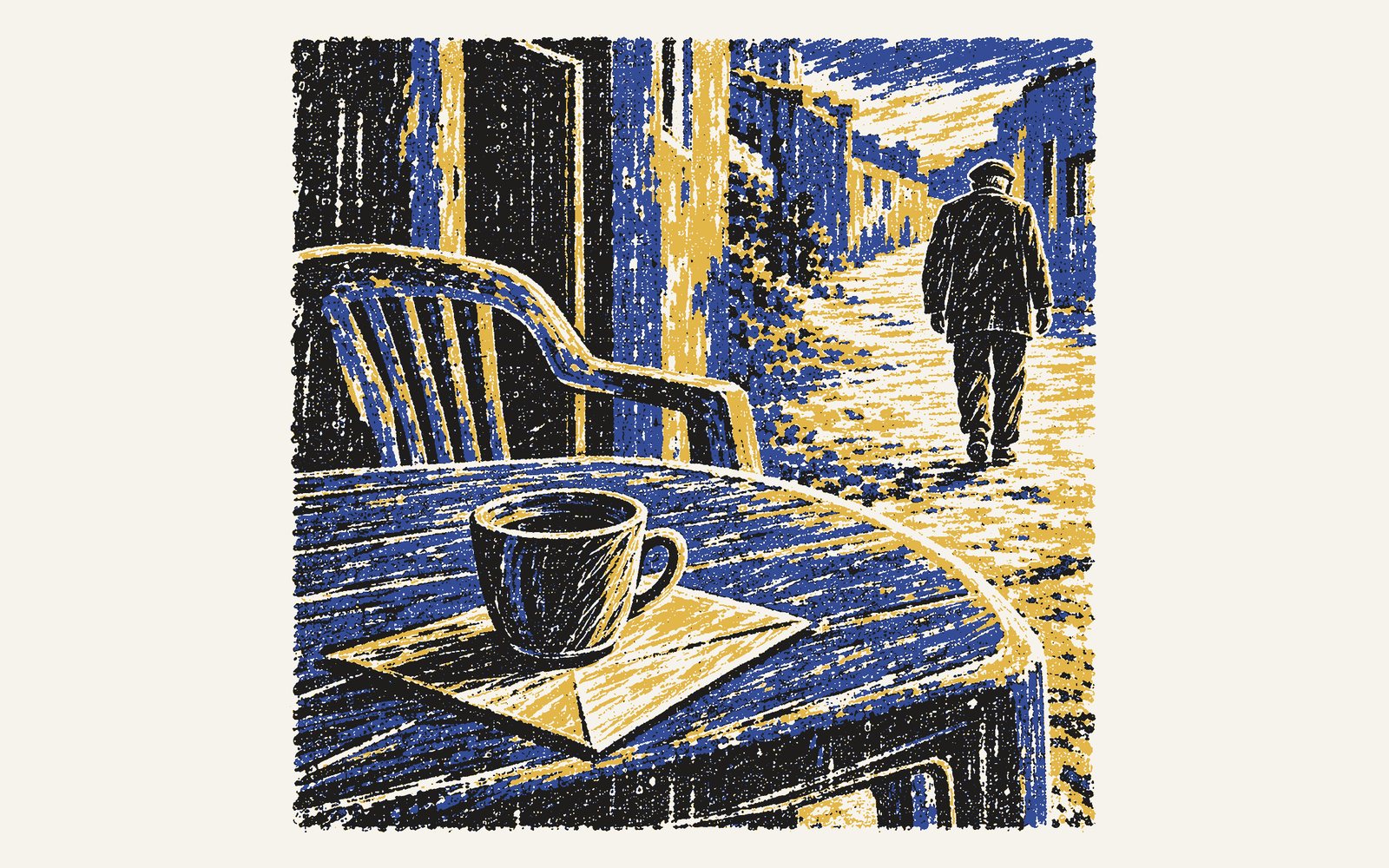 Colour linocut: a coffee cup standing on an envelope on the plastic table, and up the street the old man walking away, upright, hands empty.
