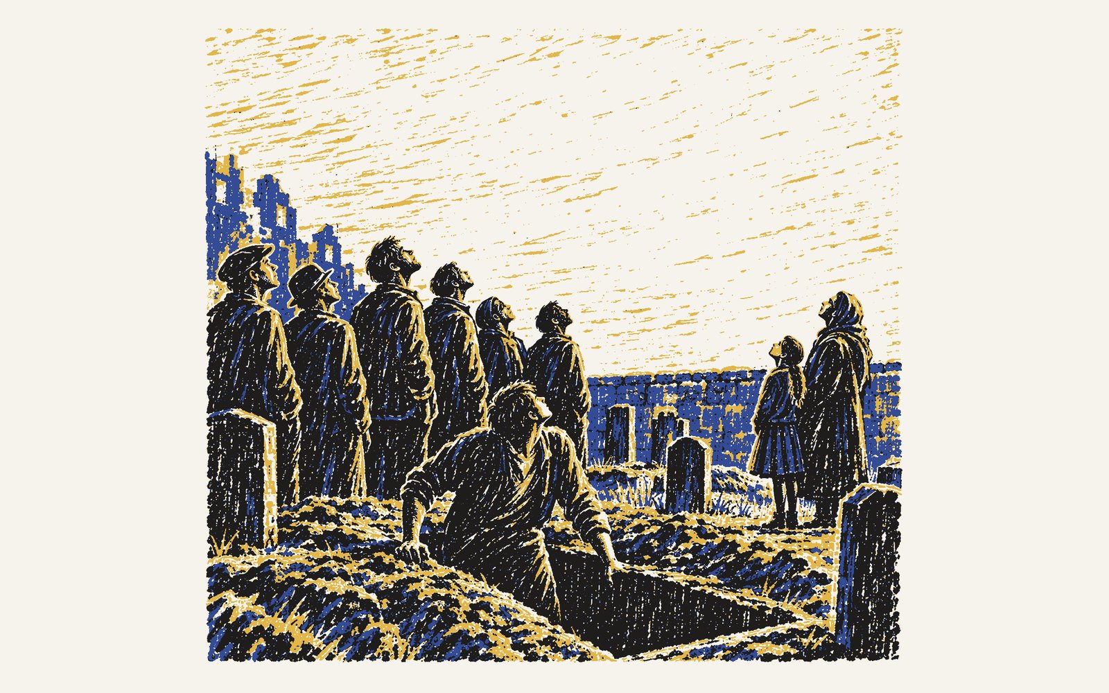 Colour linocut: men at an open grave all looking up at the sound in the sky, Karim climbing out; apart from them by the wall, Nadia, small, beside an older woman, her head tipped back at the empty sky.