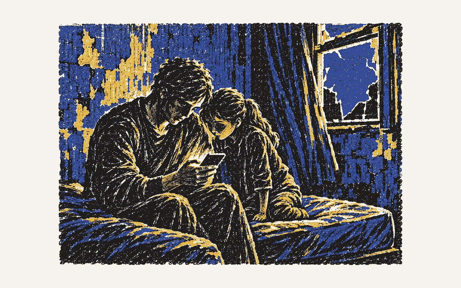 Colour linocut: at night Karim sits with Nadia’s phone, his thumb on the screen, and Nadia leans in beside him watching it send.