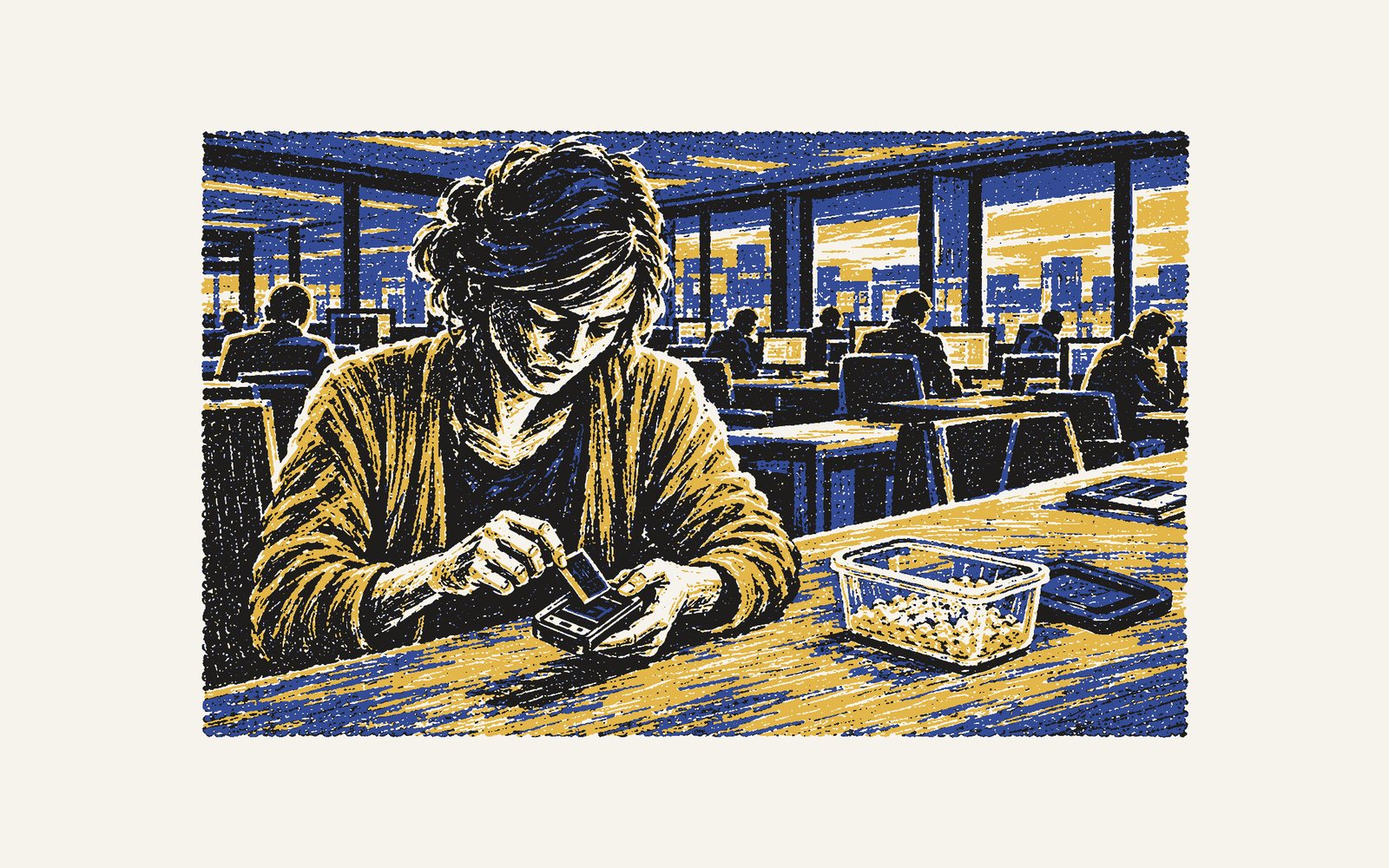 Colour linocut: at the long table under the window, the rice box pushed aside, Ilham takes the battery out of the phone the message came to.