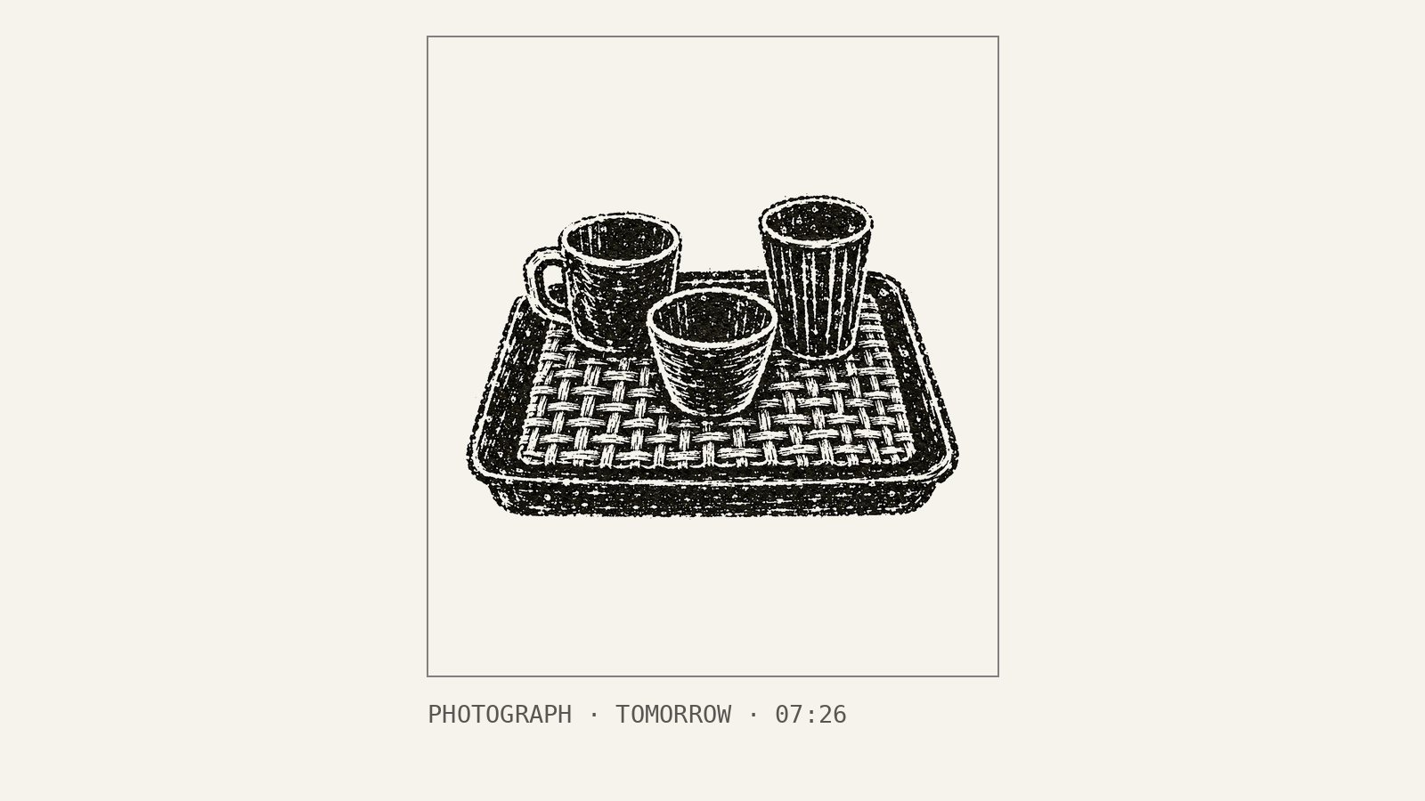 Linocut in a thin frame, as a received photograph: three cups on a mat, a plastic tray beneath them.