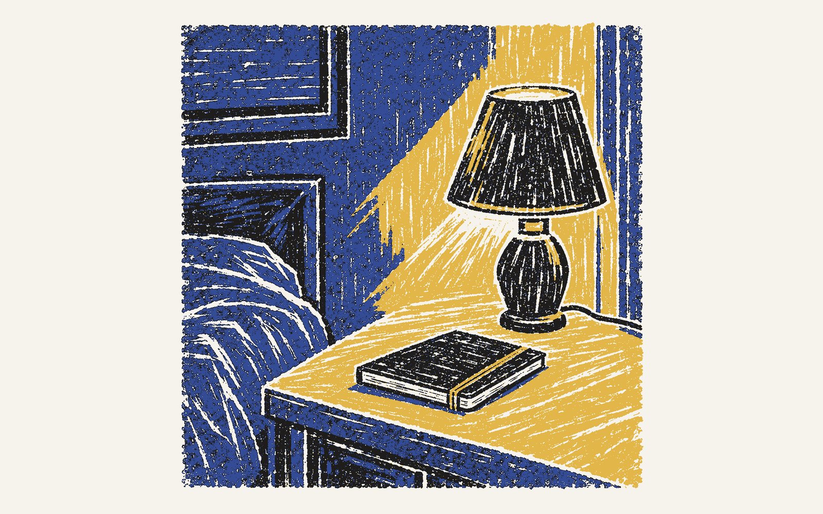 A colour linocut: a bedside lamp switched on at night, a yellow pool of light on the table, a notebook with an elastic band round it, the room deep blue.