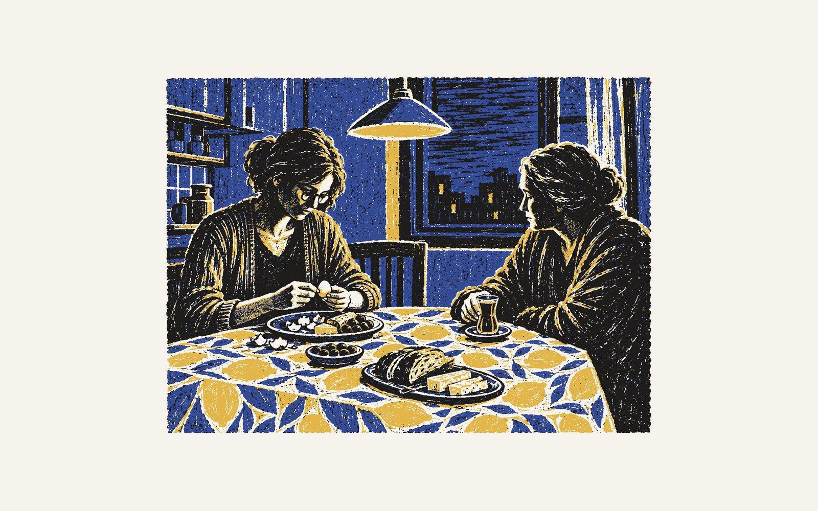 A colour linocut: before dawn in her parents’ kitchen, Yasmin eats at a lemon-patterned tablecloth, eggshell piled at the edge of her plate, while her mother sits opposite with her tea, turning the glass.