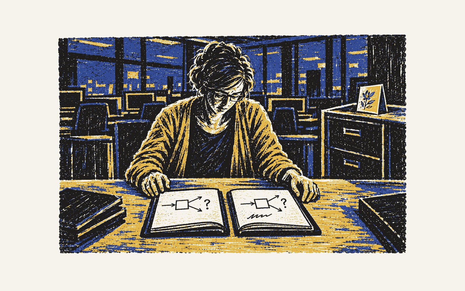 Colour linocut: on the emptied night operations floor, Yasmin with her notebook and Alan’s open side by side, the same sketch on each page, one arrow into a box and two out, with the question mark; the birthday card on the filing cabinet behind.