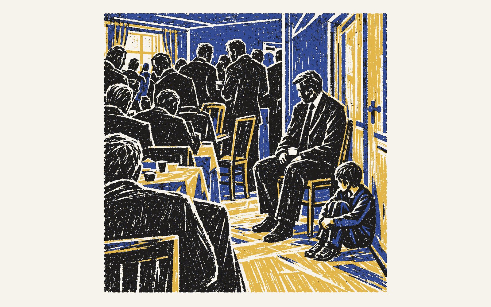 A colour linocut: a crowded mourning house; a man in a black tie on a chair by the door, a boy sitting on the floor beside him, not looking up.