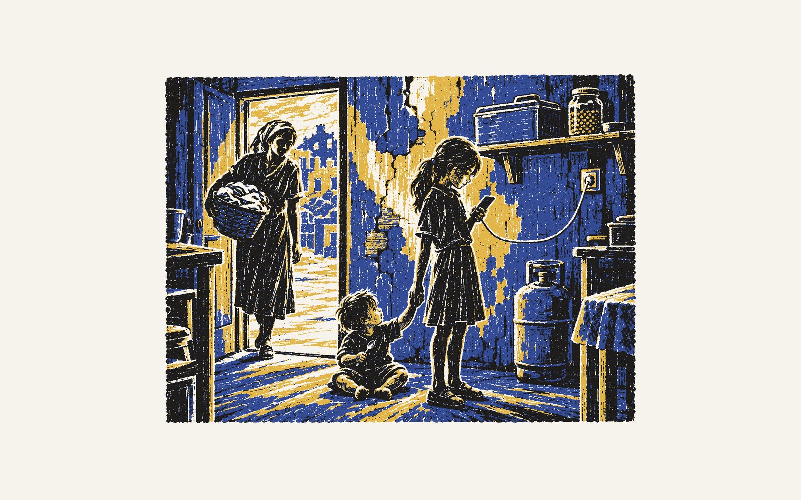 A colour linocut: in a worn, damaged kitchen a girl reads the phone on the shelf above the gas bottle, typing with one thumb while the baby holds her other hand; her mother comes in from the yard with a basket of washing.