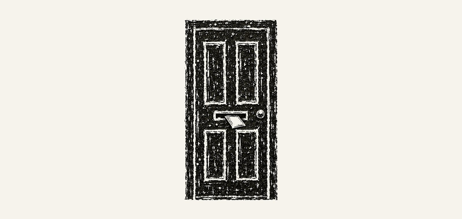 Linocut: a closed door with a letterbox slot, a folded slip of paper half through it.