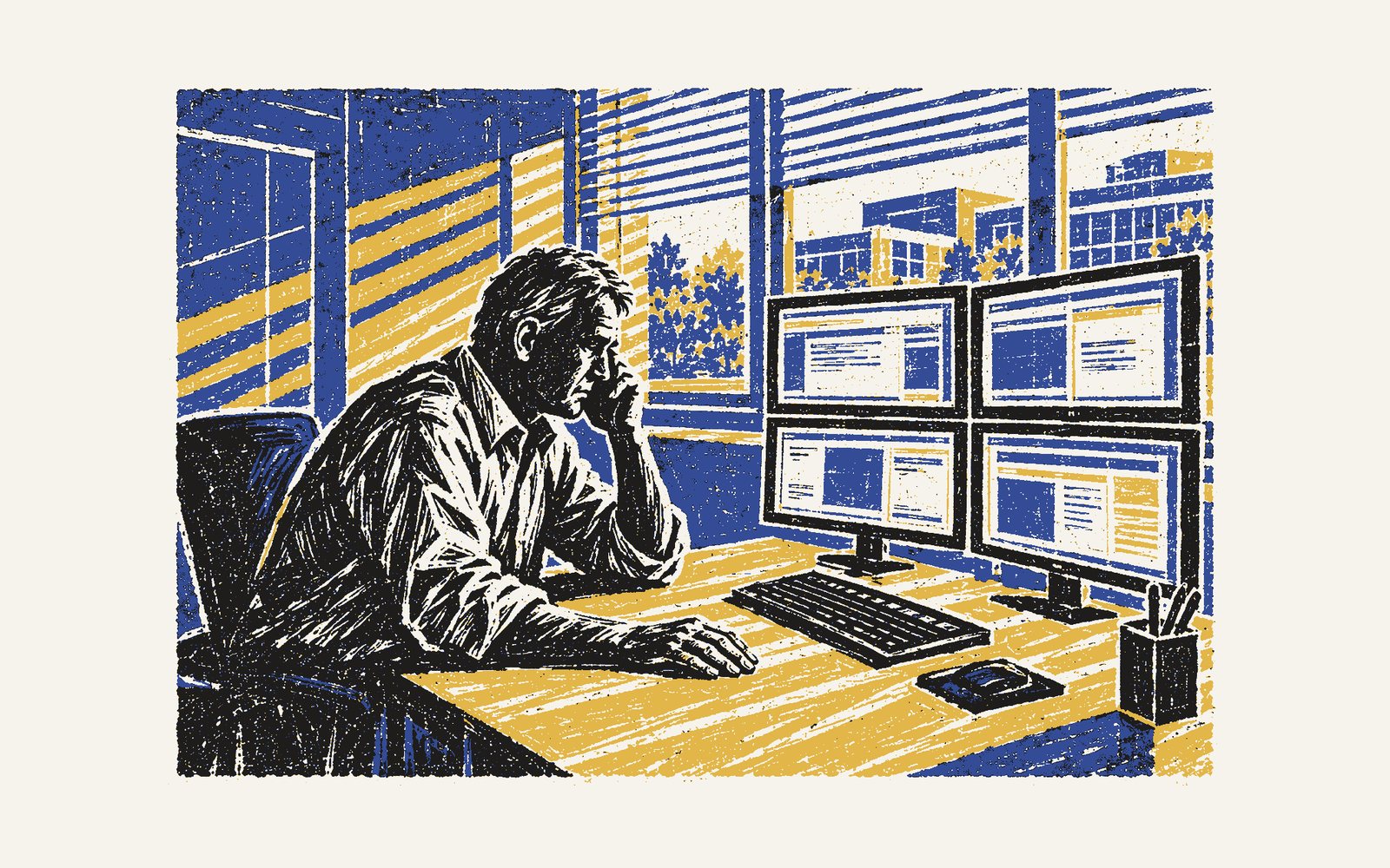 A colour linocut: a tired man at his desk holds a phone to his ear, four windows open on his monitors, his other hand flat on the desk.