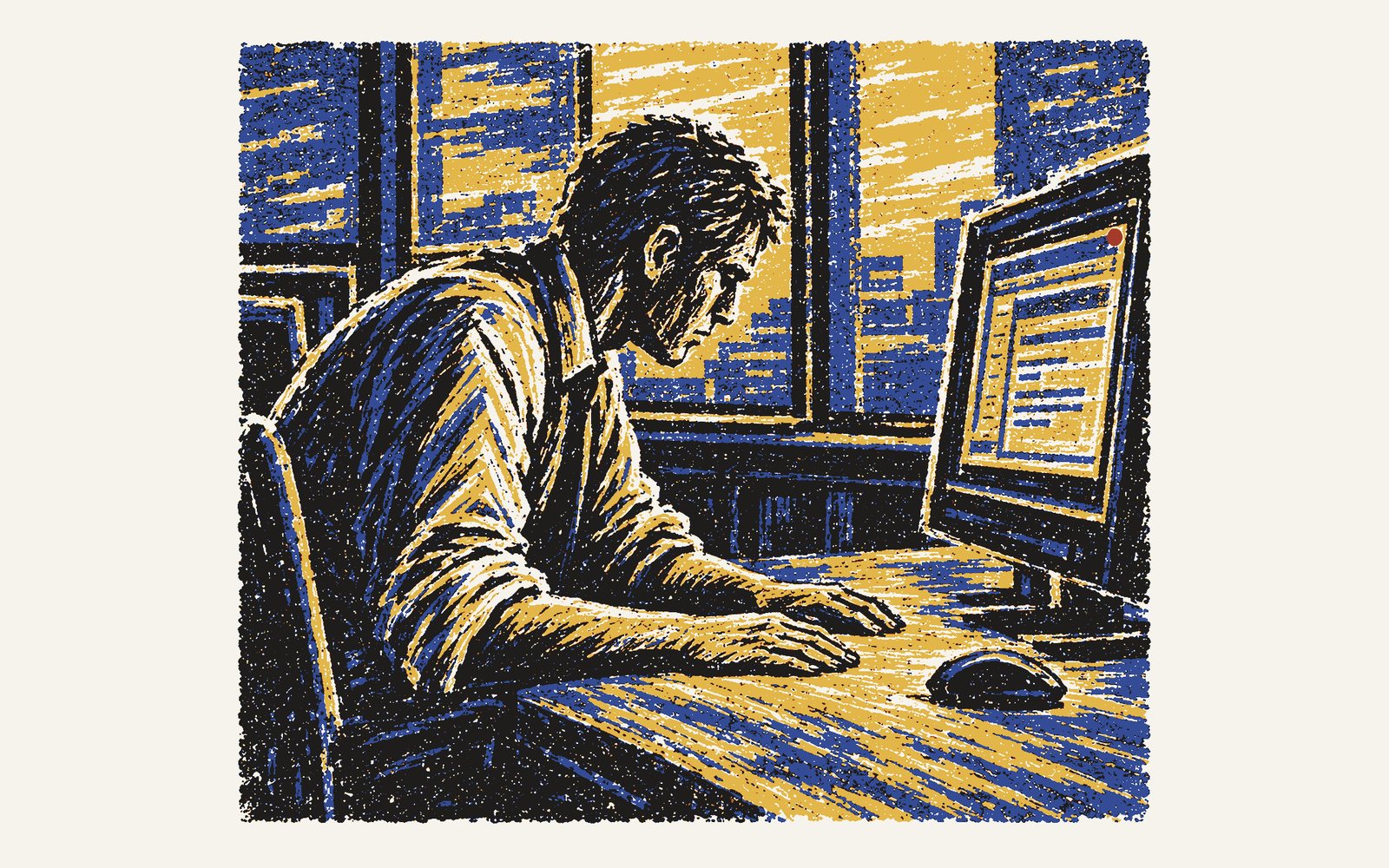 Colour linocut: in the afternoon Lindqvist leans towards his screen, where the stop control is lit red; both his hands lie flat on the desk, away from the mouse.