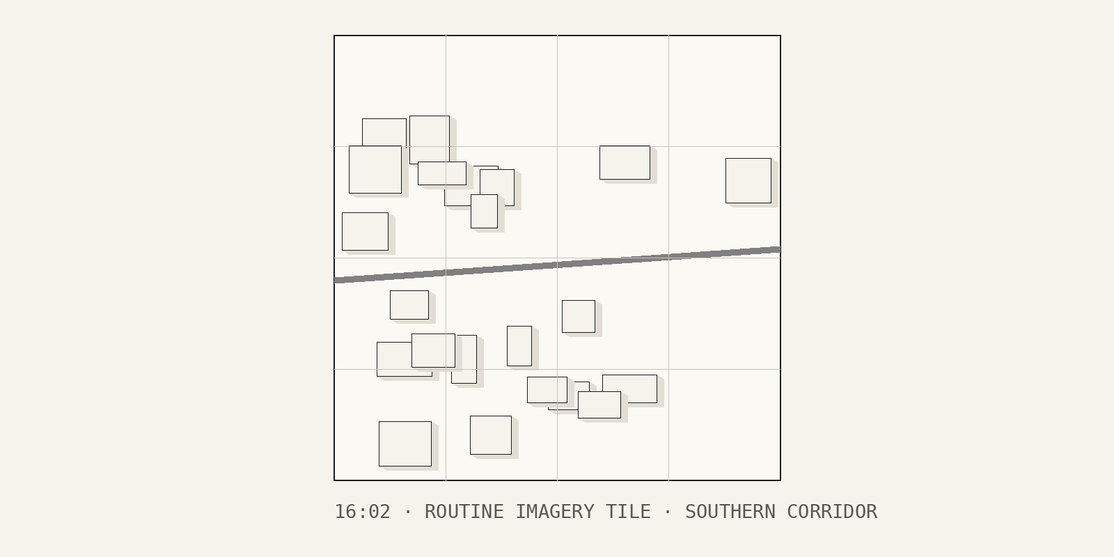 A square imagery tile of the southern corridor: a road through small roofs. Caption: 16:02, routine imagery tile.
