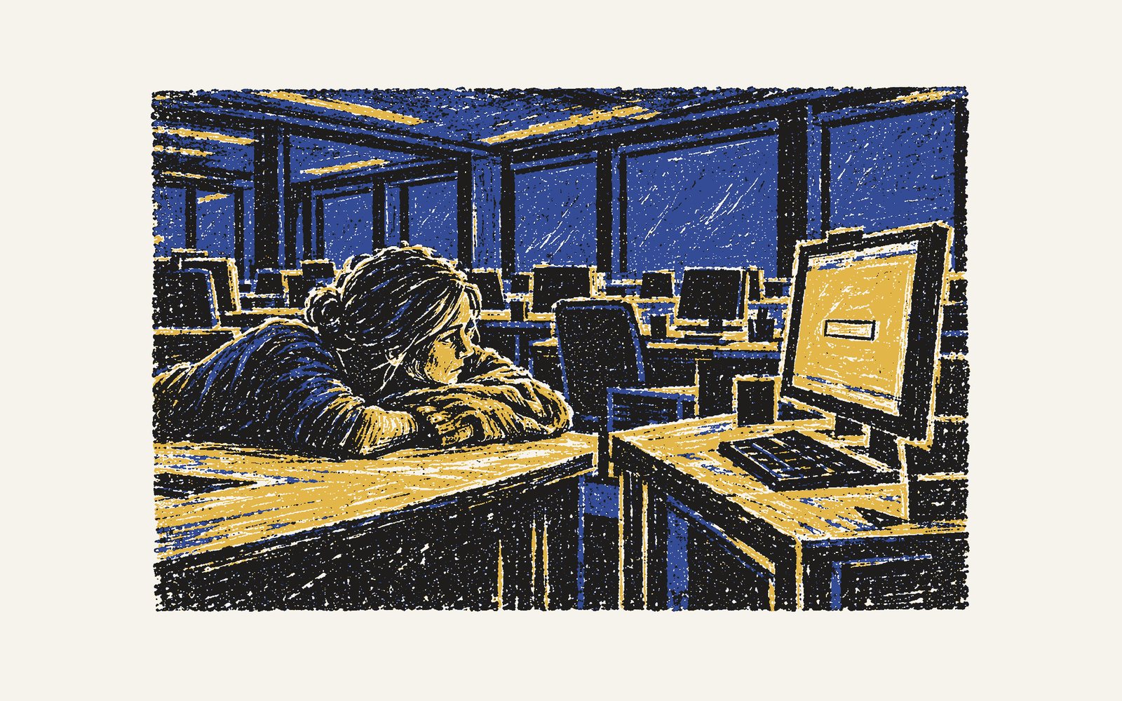Colour linocut: late at night in the office, Yasmin lies with her head on her folded cardigan on the spare desk, awake, the unpressed control on the screen beside her.