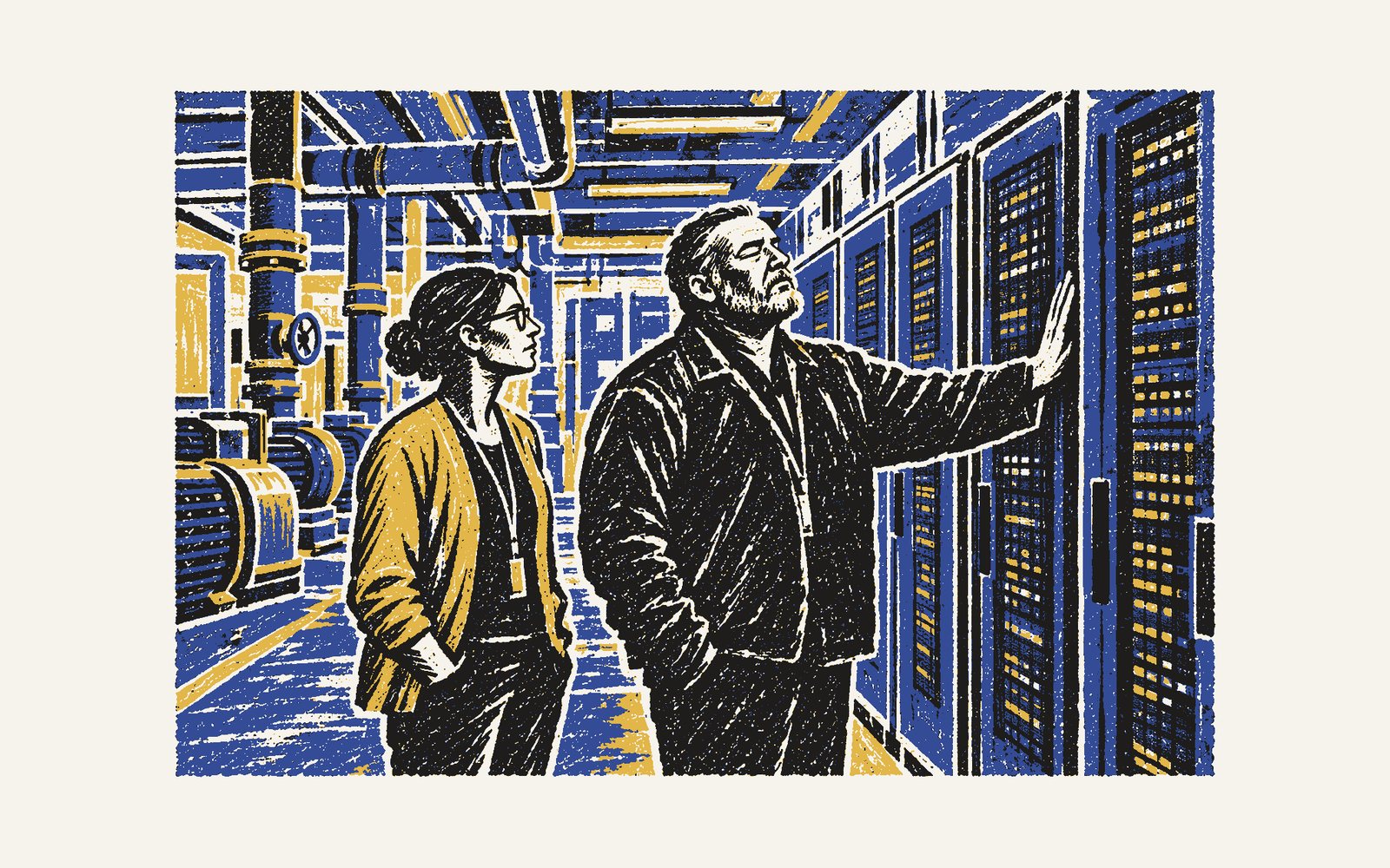A colour linocut: in a loud plant room a broad grey-bearded man stands with his palm flat on a rack door, eyes half closed; an engineer watches beside him.