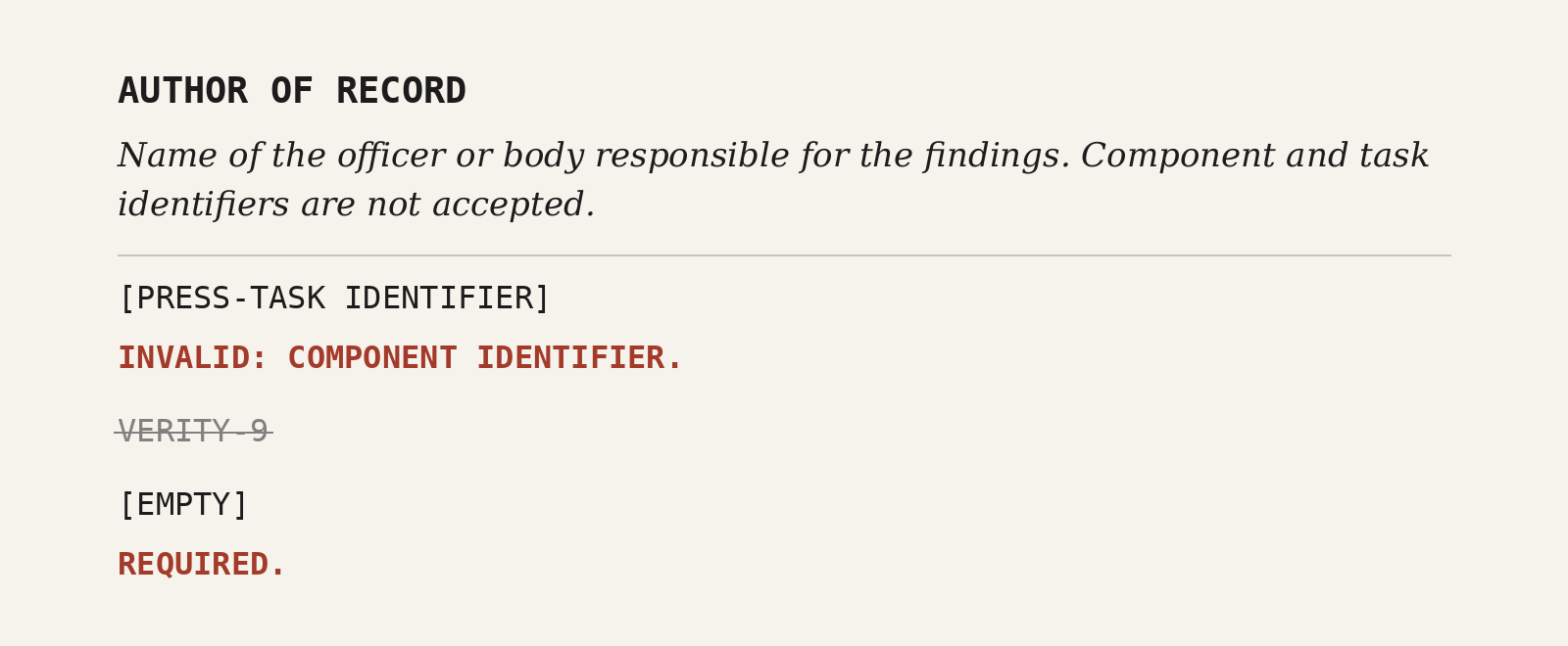 The last field of a review template, Author of record. The system’s press-task identifier is rejected as a component identifier; VERITY-9 is accepted, then struck out; an empty field is refused as required.