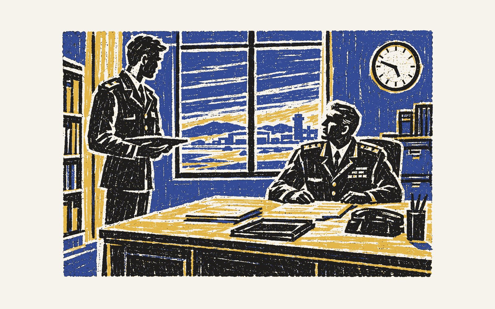 A colour linocut: a young aide holds a tablet flat across his forearm like a waiter’s tray before a brigadier at his desk.