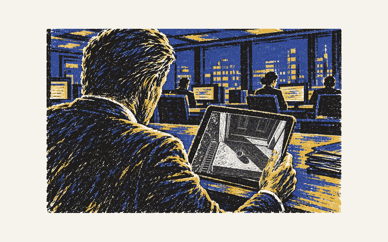 Colour linocut: from behind Darwish’s shoulder, the tablet in his hand shows ERICA’s black image of the doorway from above, the image on the book’s cover: the step, the drain beside it, the pale cup with its grey mark, and nobody.