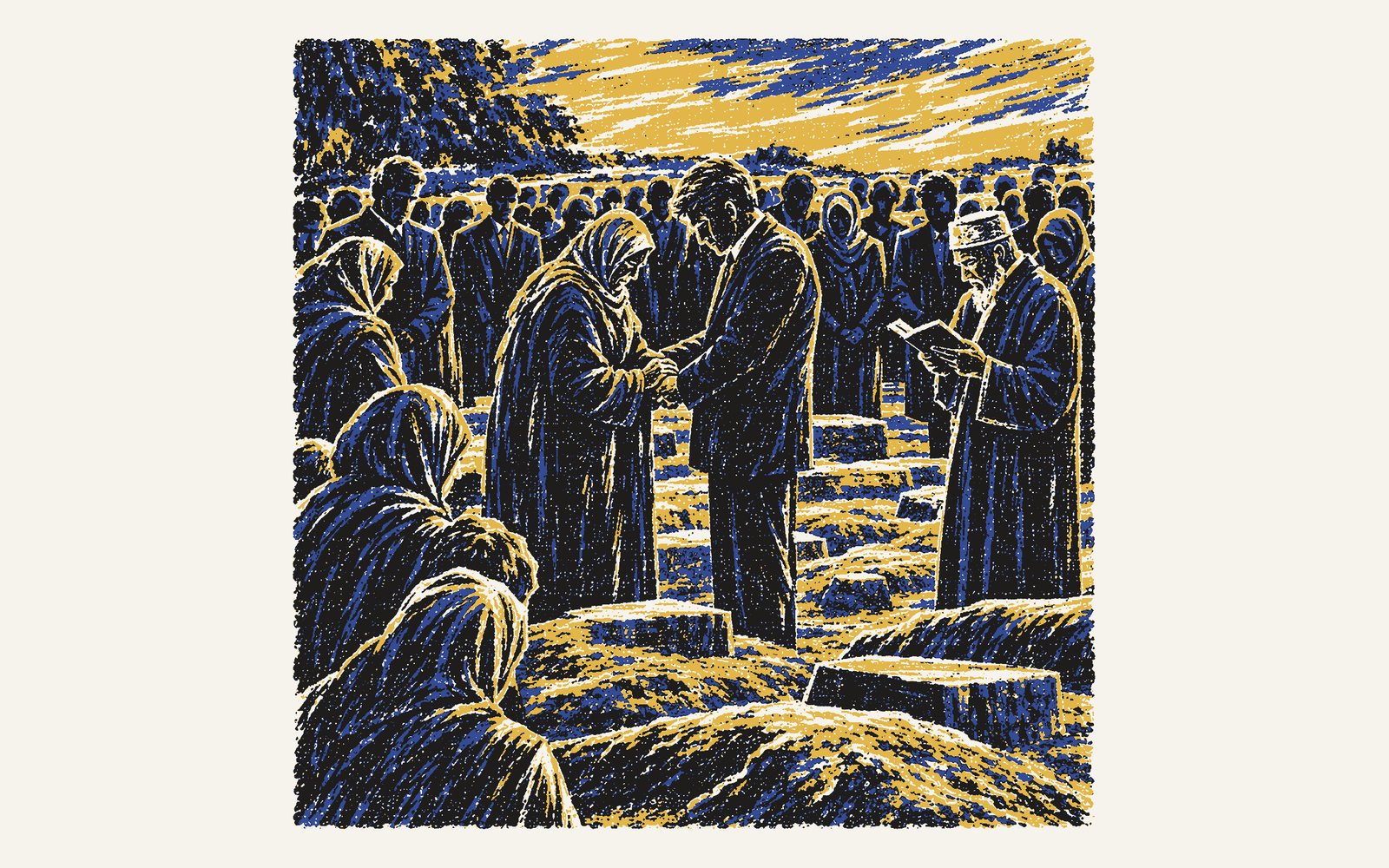 Colour linocut: a memory of a crowded cemetery in the heat; Darwish in a dark suit, his hands joined with Rami’s mother’s, and an uncle reading nearby.