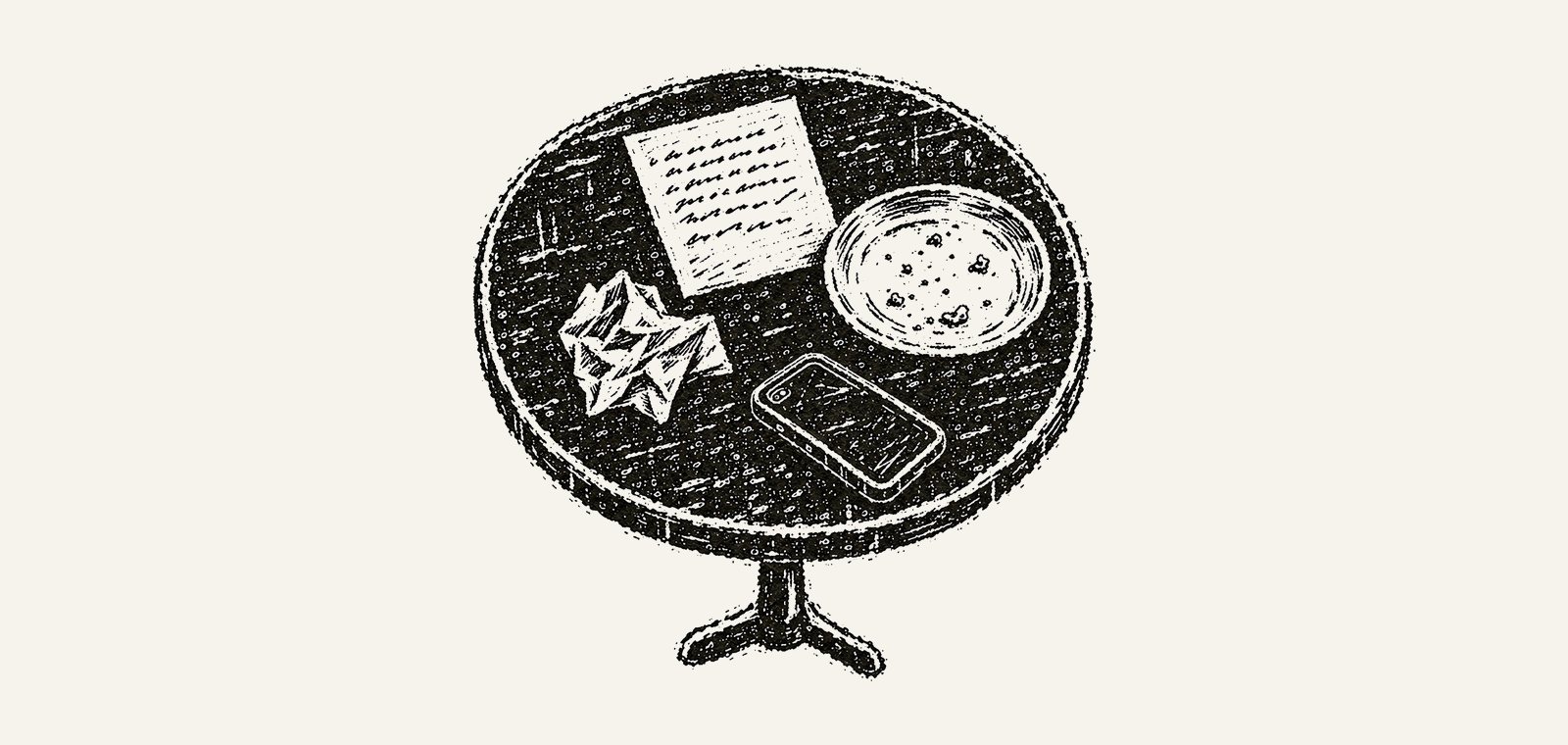 Linocut: a small café table from above: a hand-copied sheet of paper, a plate with only crumbs left, a crumpled napkin and a battered phone in a rubber case.