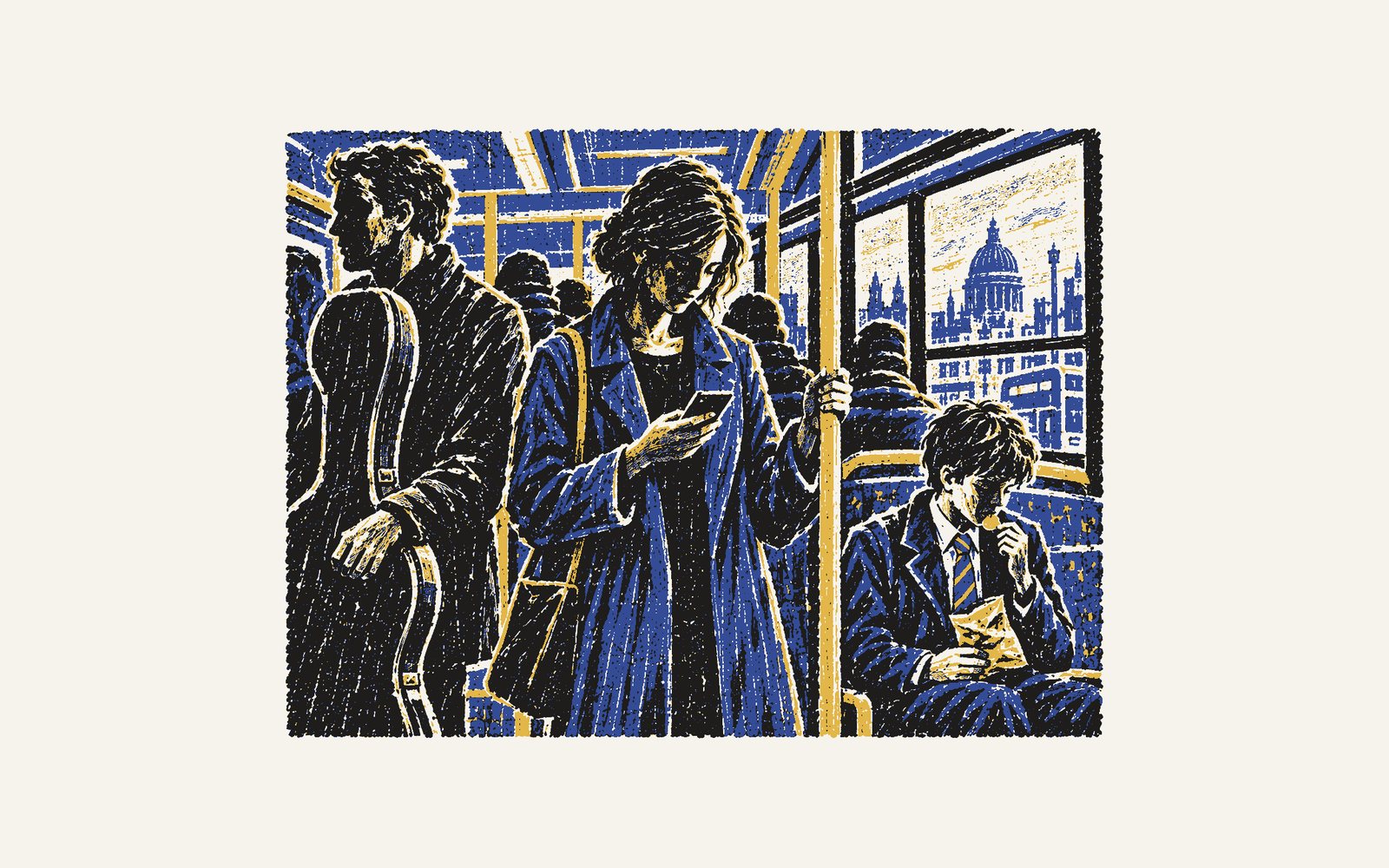 A colour linocut: on a crowded London bus, Ilham reads her phone standing, one hand on the yellow pole, between a man with a cello case and a schoolboy eating crisps.