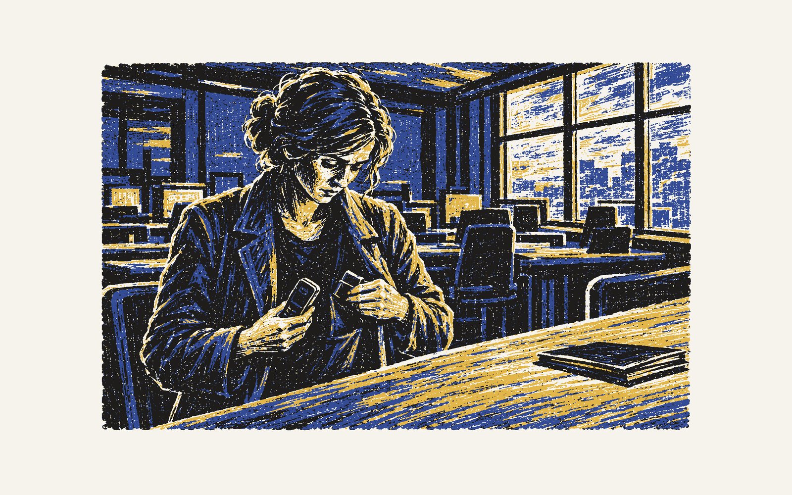 Colour linocut: in the London newsroom Ilham puts the two pieces of the sources phone, handset and battery, back into her coat pocket.