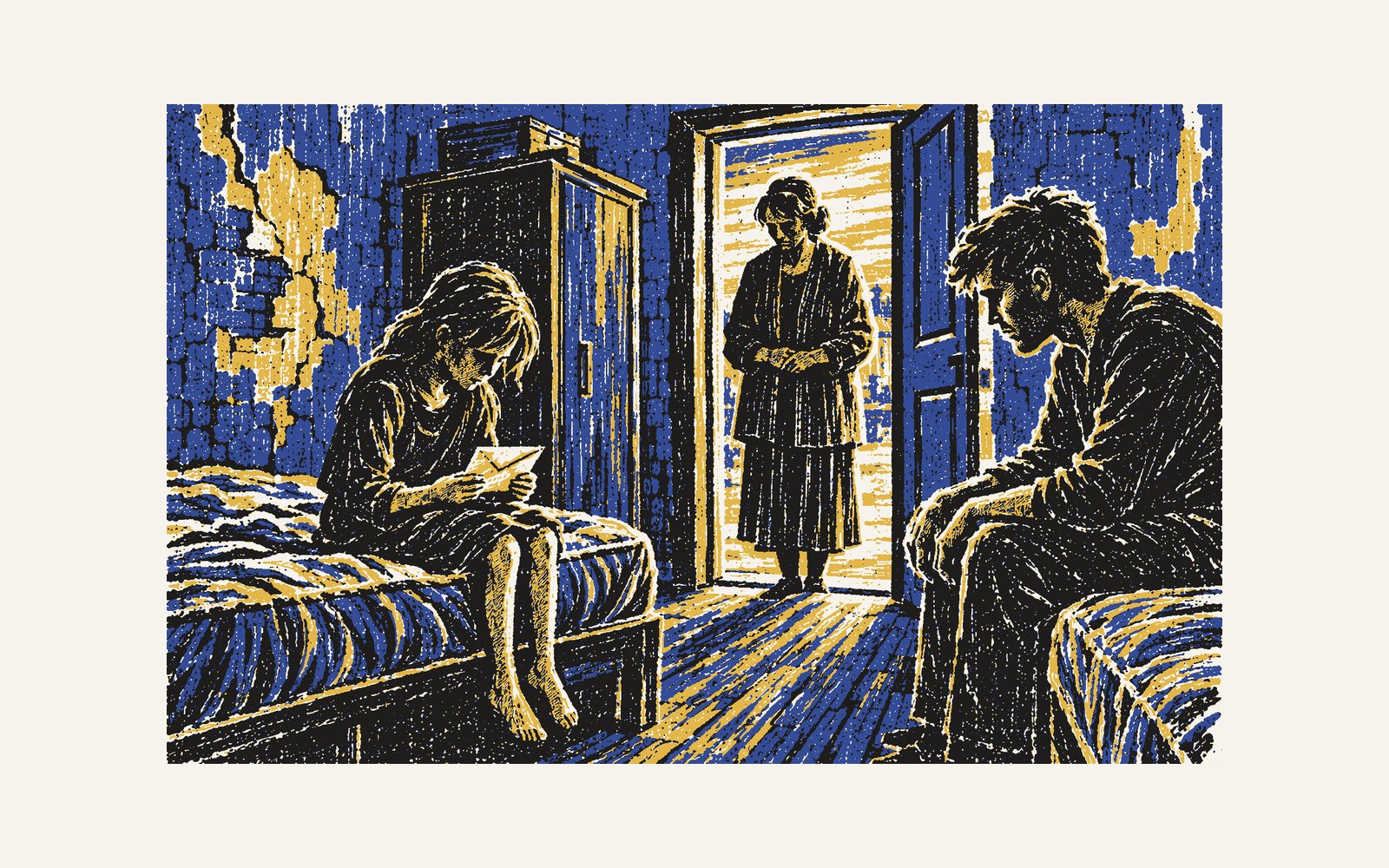 Colour linocut: in the small room Nadia, eleven, sits on the mattress with the envelope on her knees; Karim on the other mattress, Umm Fadi in the doorway, the wardrobe against the wall.