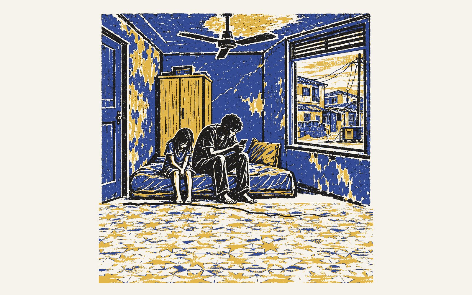 A colour linocut: at dawn in a worn room a young man reads aloud from a phone on a mattress by the window; his little sister sits beside him looking at the cracked tiled floor.