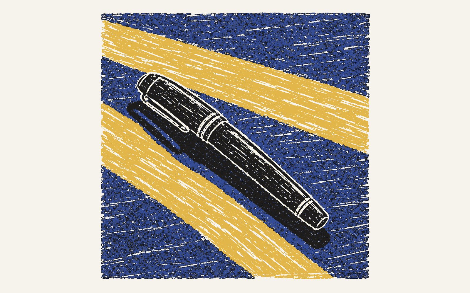 A colour linocut: a capped fountain pen on a blue tabletop, crossed by two bars of low yellow morning sun.