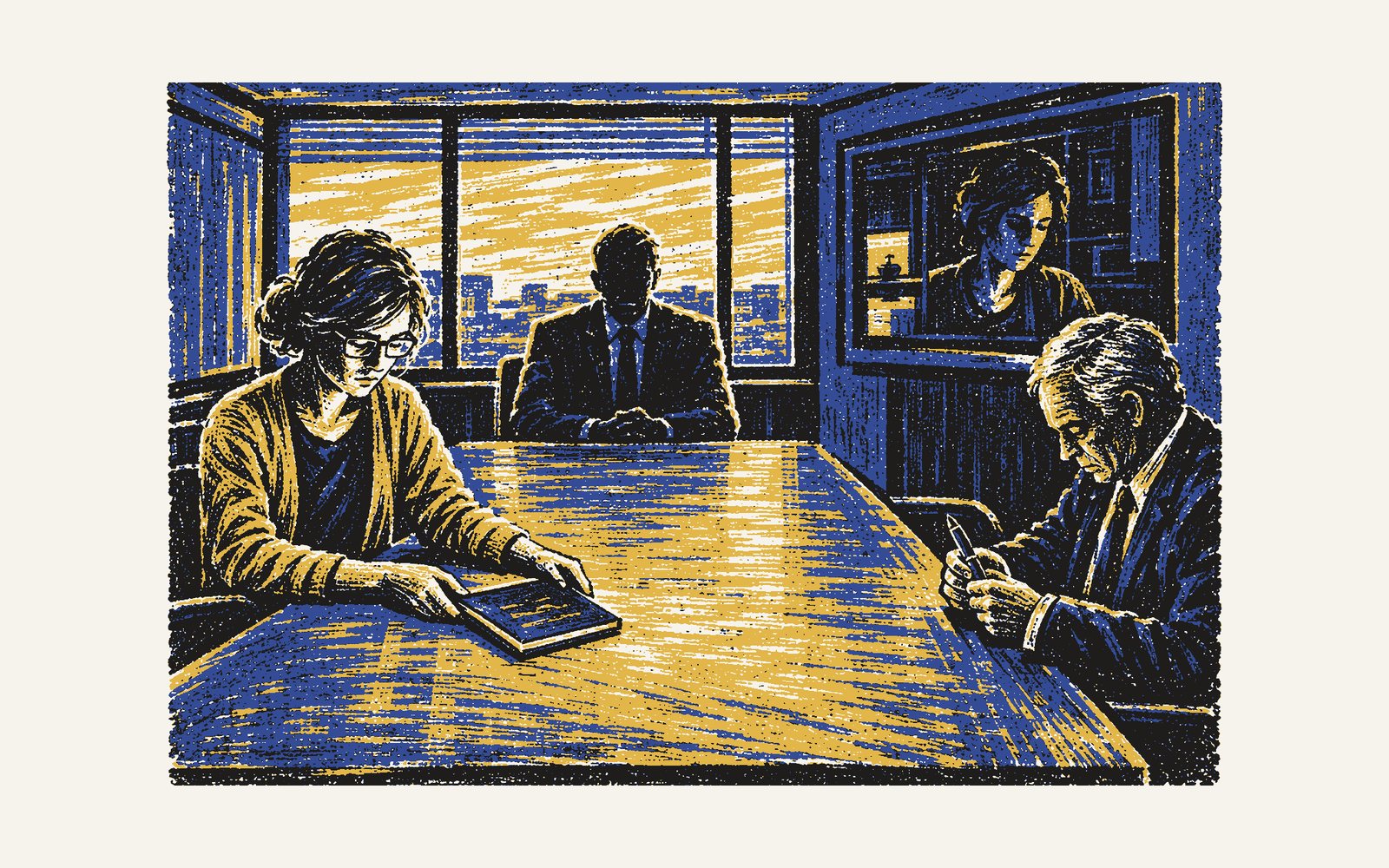 Colour linocut: in the morning conference room Yasmin turns her notebook round to face the table; Ashby sits at the head with the window behind him, the adviser looks down at his capped pen, and Halcyon Legal watches from the screen.