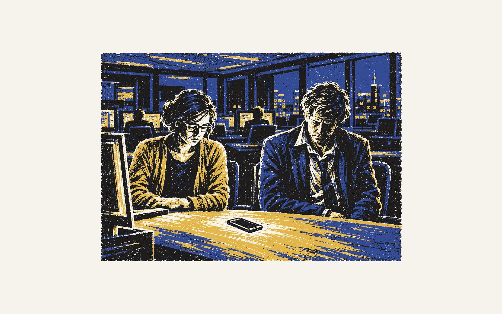 A colour linocut: an operations floor at night; Lindqvist, looking as if dressed in the dark, has sat down beside Yasmin at her desk, his phone face up on the desk between them, untouched.