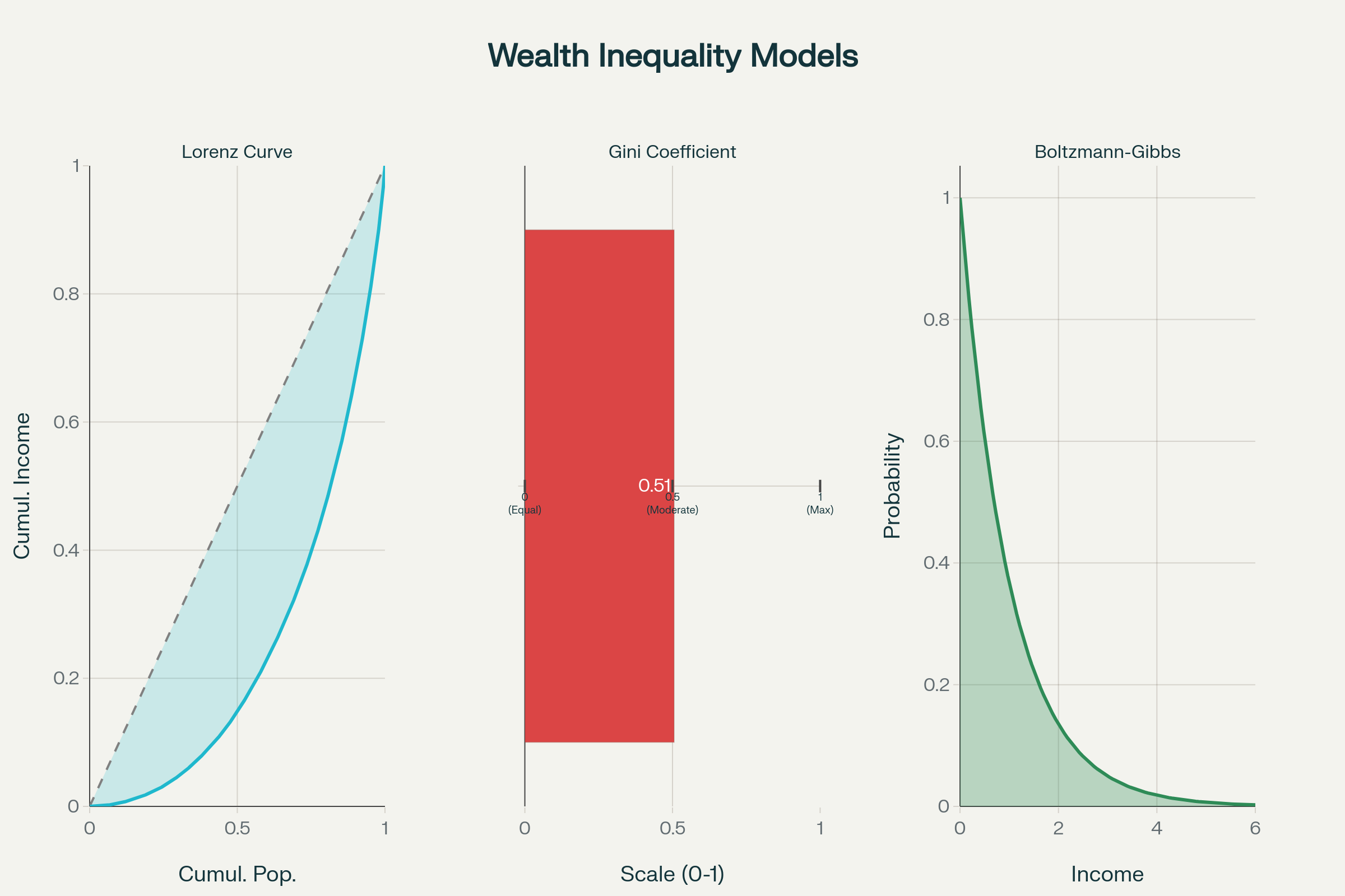 Conceptual relationship between the Lorenz curve, Gini coefficient, and a Boltzmann-Gibbs equilibrium distribution for modeling wealth inequality