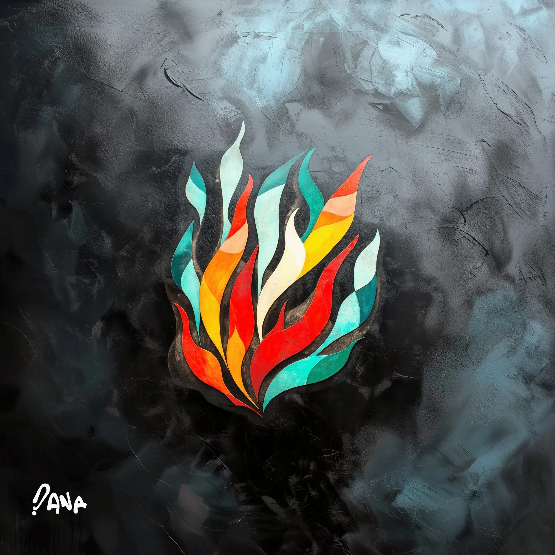 Picture of a multi-coloured mask made of flames