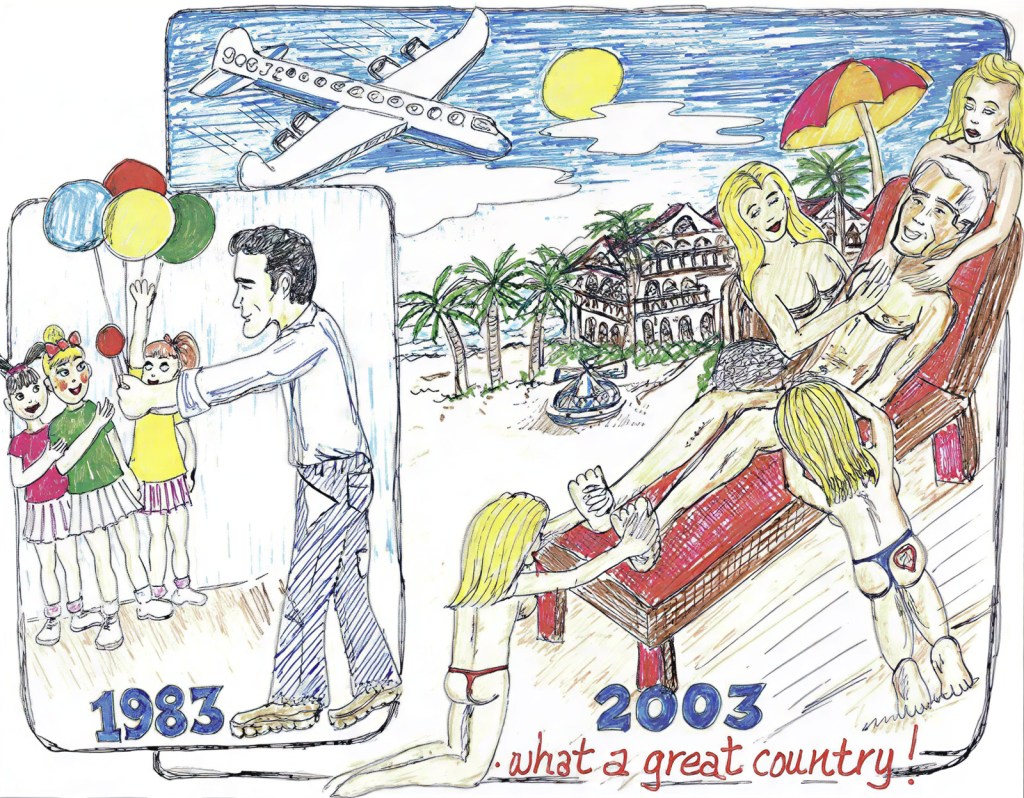 Drawing included in a birthday photo album gifted to Jeffrey Epstein for his 50th birthday, complied by Ghislaine Maxwell. The photo shows Epstein gifting young girls lollipops and balloons, alongside another drawing of him receiving massages.