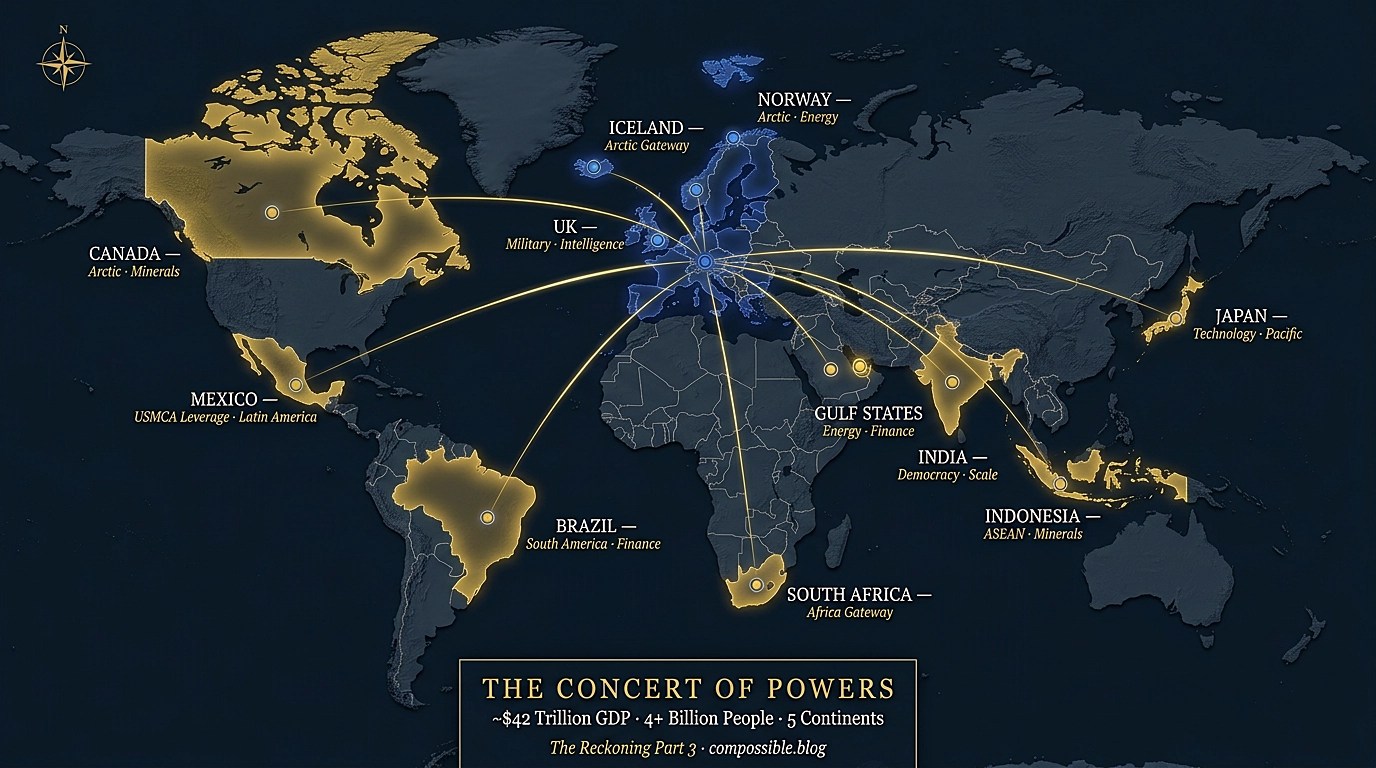 A premium dark atlas-style world map. The European Union glows in deep blue at the centre, with luminous gold lines radiating to twelve partner nations — UK, Norway, Iceland, Canada, Mexico, India, Brazil, Japan, South Africa, Indonesia, and the Gulf States — highlighted in gold. A panel reads: The Concert of Powers. ~$42 Trillion GDP. 4+ Billion People. 5 Continents.